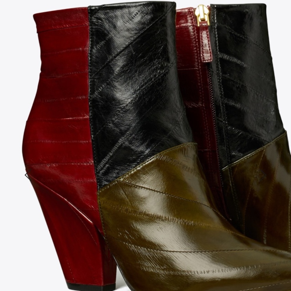 TORY BURCH LILA EEL LEATHER ANKLE BOOTIE OLIVE/BLK/WINE 90MM HEEL SIZE US 8, 8.5 - Picture 4 of 5